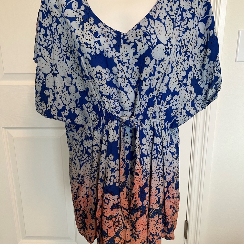 CAbi Navy and Coral Floral Blouse